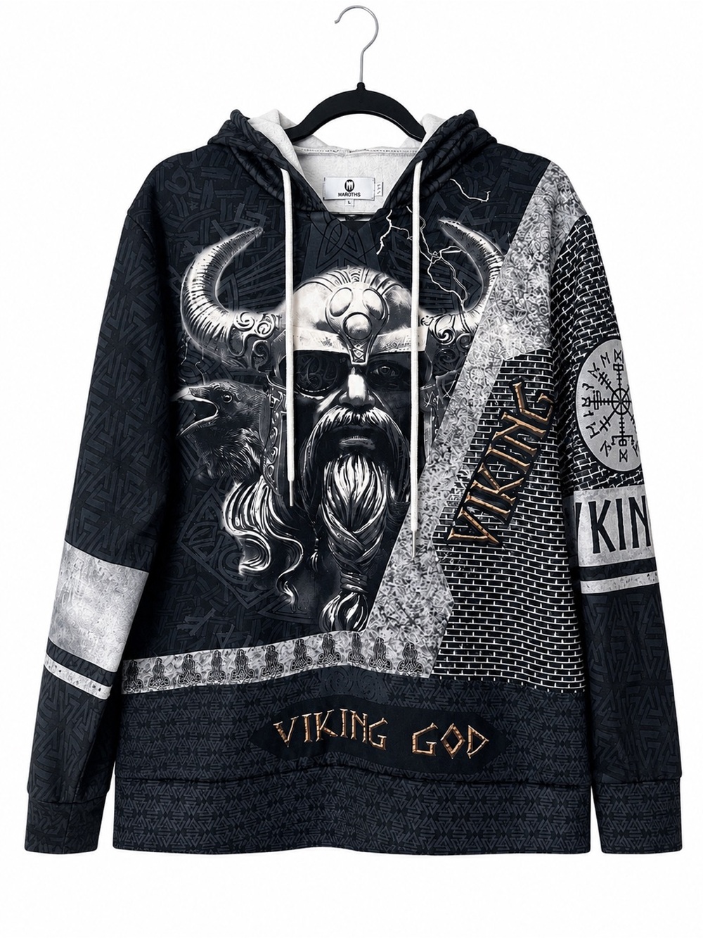 Maroths Viking God Hoodie Men’s Norse Warrior Raven Valhalla Graphic Medieval L